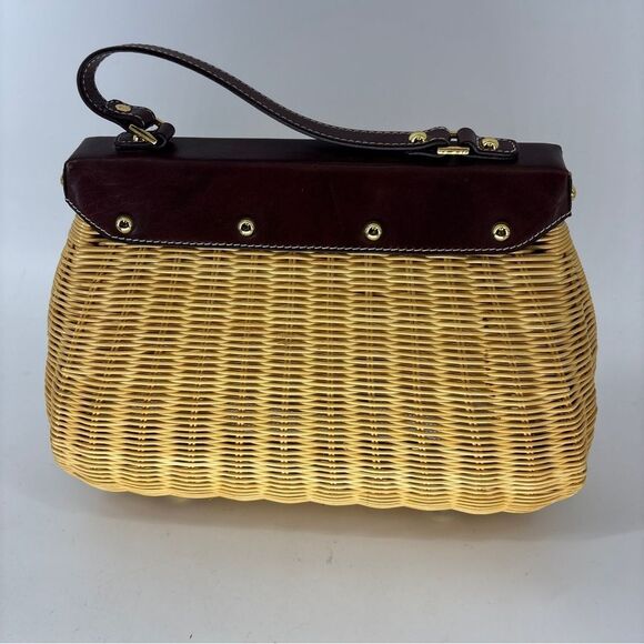 Etienne Aigner Brown and Tan hand Bag with Woven Wicker Texture with wallet - Picture 10 of 16